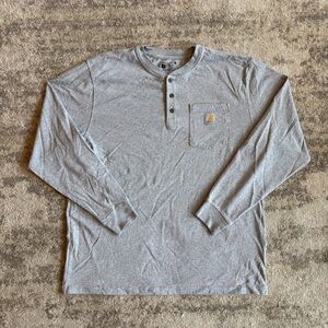 Carhartt Grey Baggy Loose Fit Pocket Grey Henley Long-sleeve Y2K T-Shirt